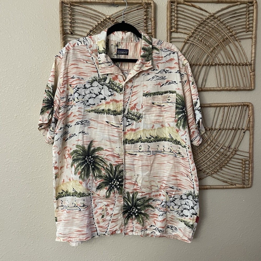 Patagonia Hawaiian Aloha Print Shirt Paddling Diamond Head Palm Sz‎ L/XL? B5